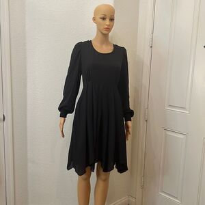 She Show Womans Black Dress Scoop Neck Pleated Long Sleeve Size Medium Midi Tie